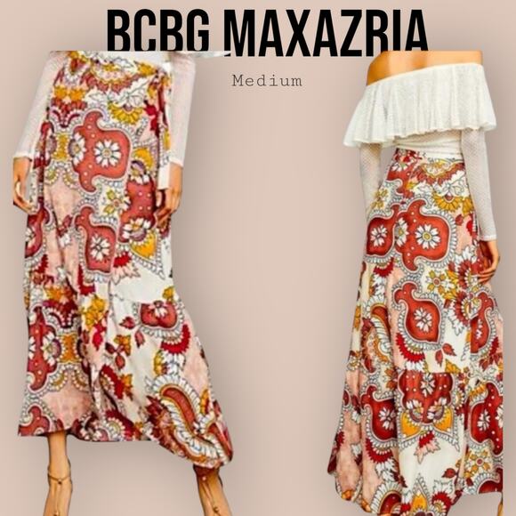 BCBG MaxAzria Dusty Rio Red Wrap Midi Paisley Multicolor Skirt Size Medium - Picture 1 of 10